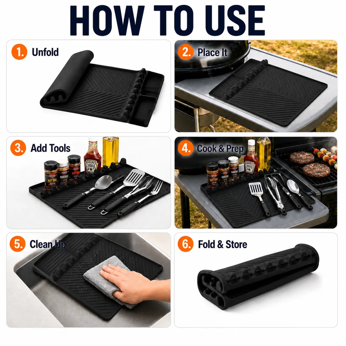 16.5" 11" Silicone Grill Side Shelf Mat Heat-Resistant, Non-Slip & Dishwasher Safe BBQ Organizer