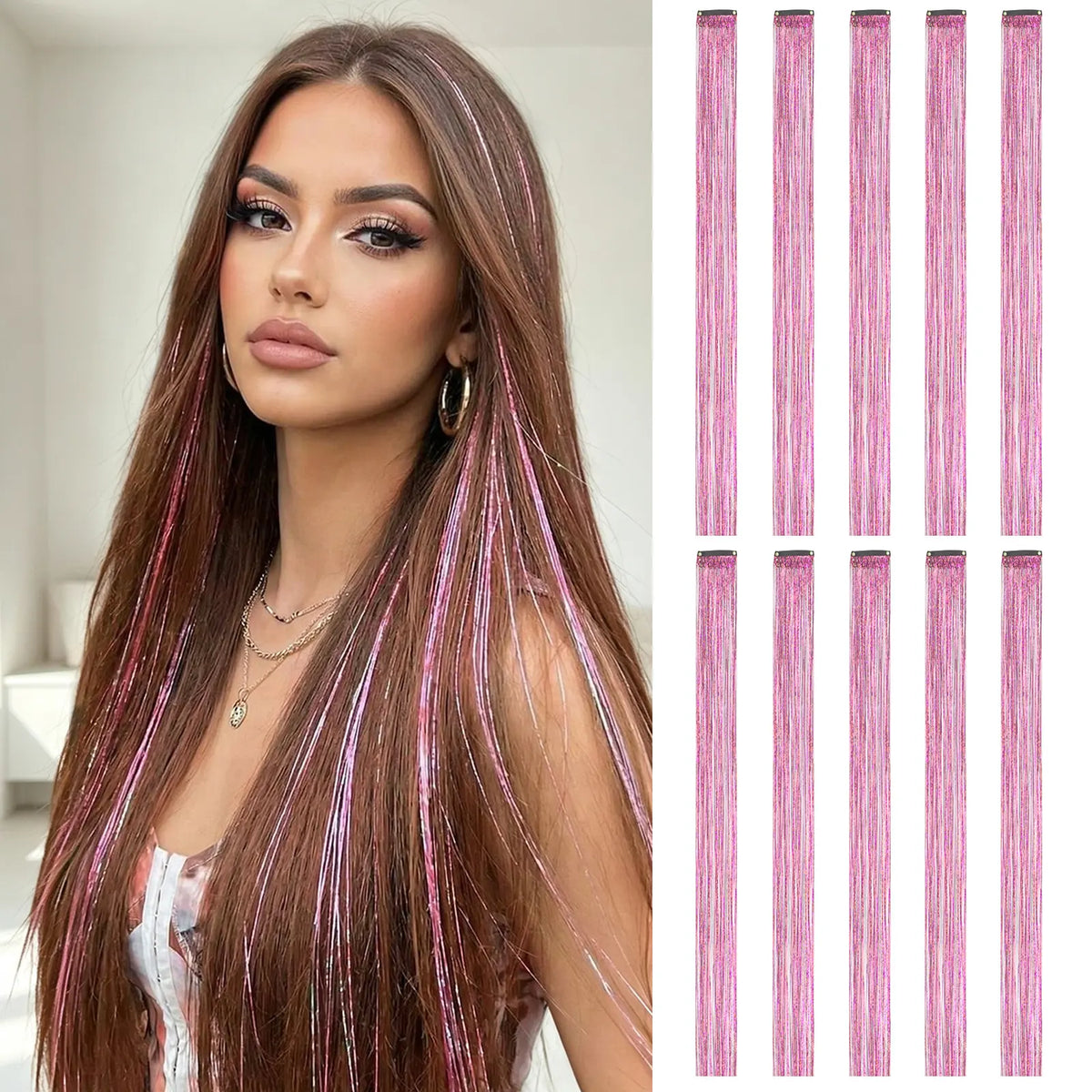 2 PCS Colored Hair Extensions 20Inch Straight Color Clip in Hair Extension Rainbow Party Highlights Synthetic Hairpiece