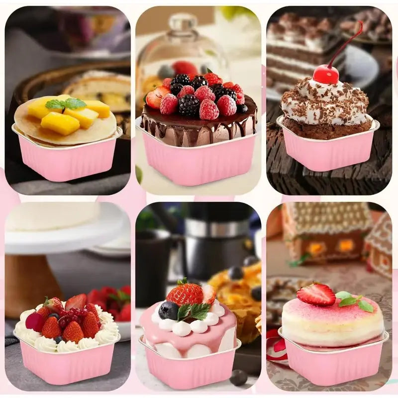 30-Pack Pink Mini Foil Cake Pans with Lids 5oz Disposable Dessert Cups