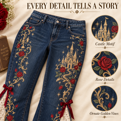 Enchanted Rose High-Waisted Lace Panel Flare Jeans
