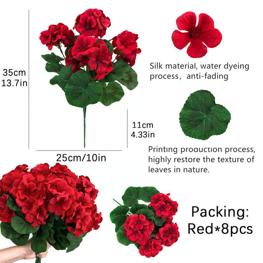 8 Bundles UV Resistant Artificial Geraniums Outdoor Red Faux Flowers for Patio, Garden & Home Decor