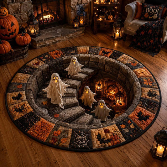 3D Haunted Staircase Round Rug Spooky Halloween Optical Illusion