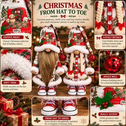 Festive Gnome Couple Figurines Bearded & Braided Hair
