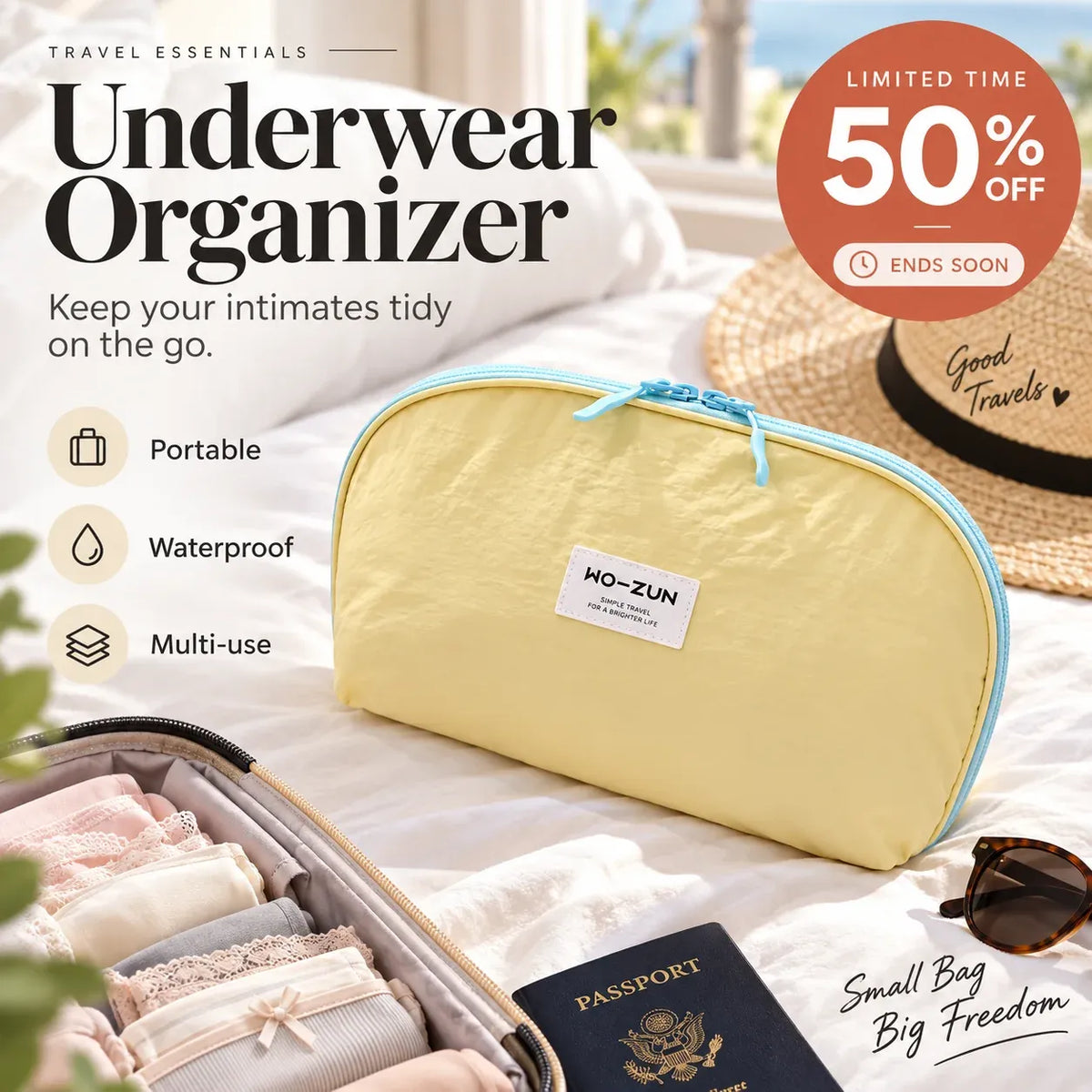 Portable Underwear Travel Organizer Separate Storage for Bras, Panties & Socks