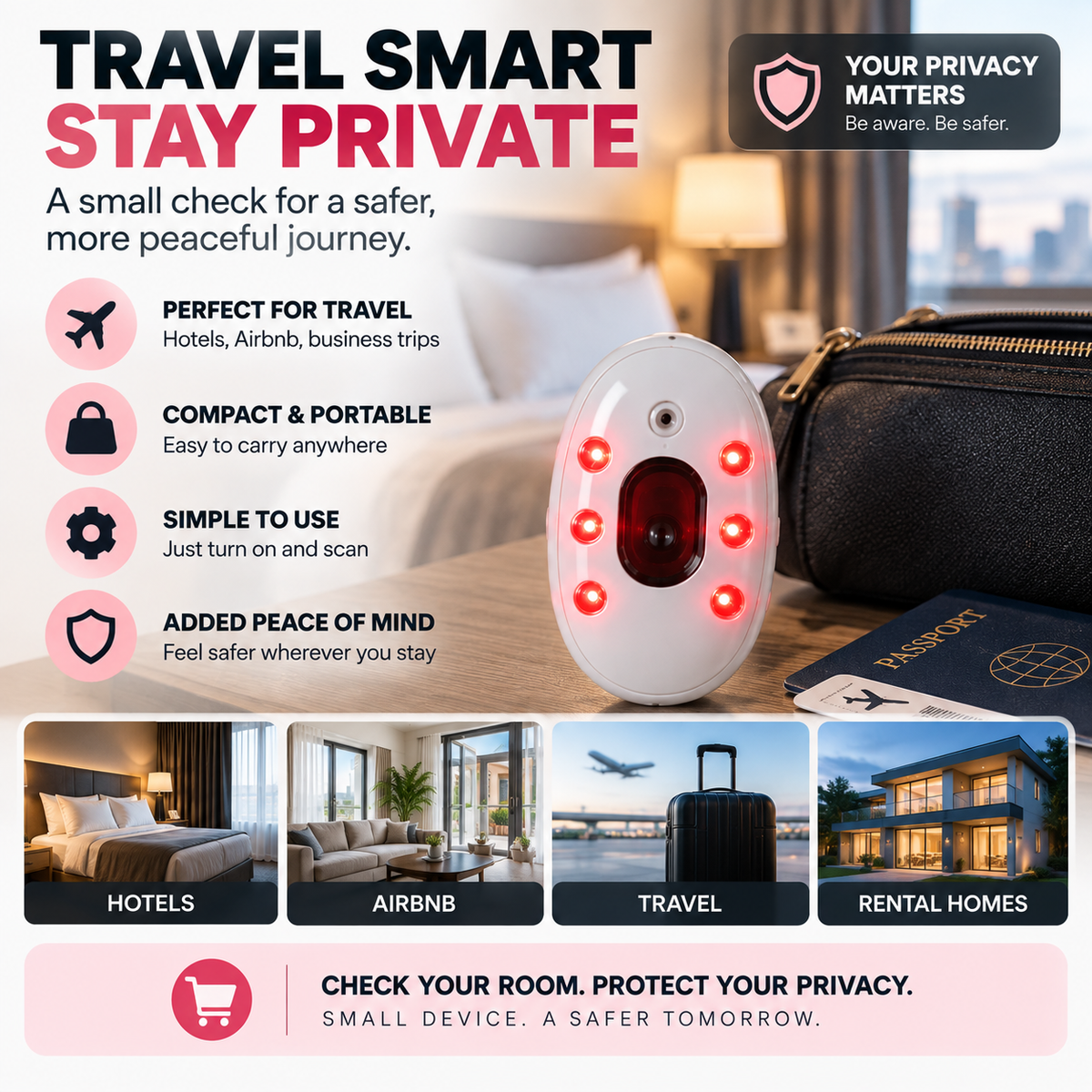 Portable Hidden Camera Detector Quick Privacy Check for Hotels, Airbnb & Travel