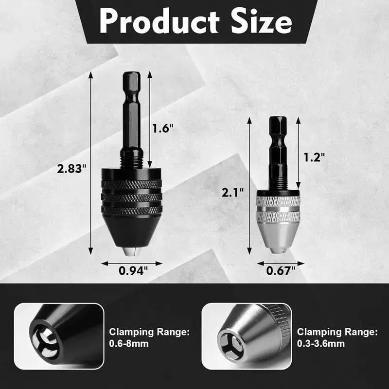 2-Piece Keyless Drill Chuck Adapter Set 1/4 Hex Quick Change (0.3-8mm) for Impact Drivers & Power Tools