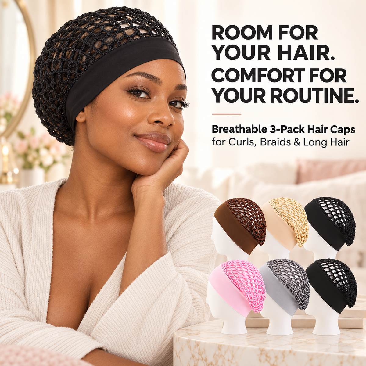 3-Pack Breathable Hair Protection Caps for Curls