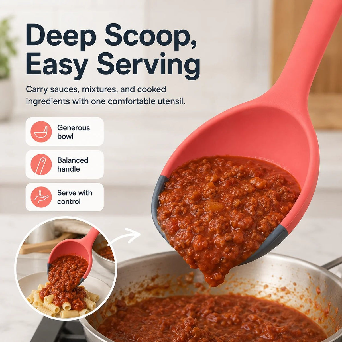 2-in-1 Silicone Scoop & Scraper Spoon Multi-Purpose Cooking & Serving Utensil