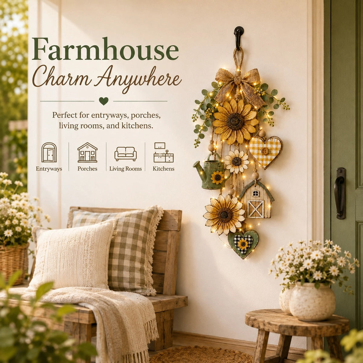 Rustic Wooden Garden-Themed Hanging Ornament with Remote Control Fairy Lights