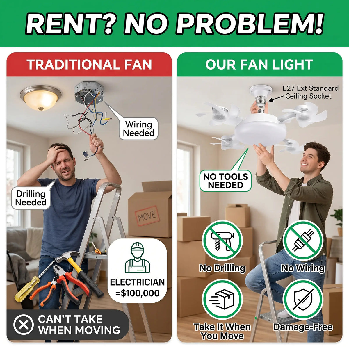 2026 E27 2-in-1 Fan Light | Silent Remote LED Cooling Combo