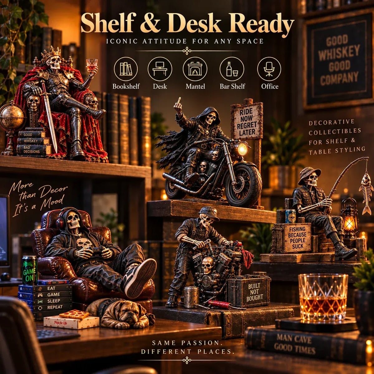 Bad to the Bone 6 Dark Humor Skeleton Collectibles for Men, Man Cave Decor & Unique Gifts