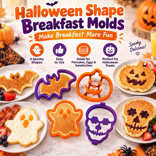 4-Piece Halloween Pancake Mold Set Ghost, Bat, Pumpkin & Skull Silicone Breakfast Shapers