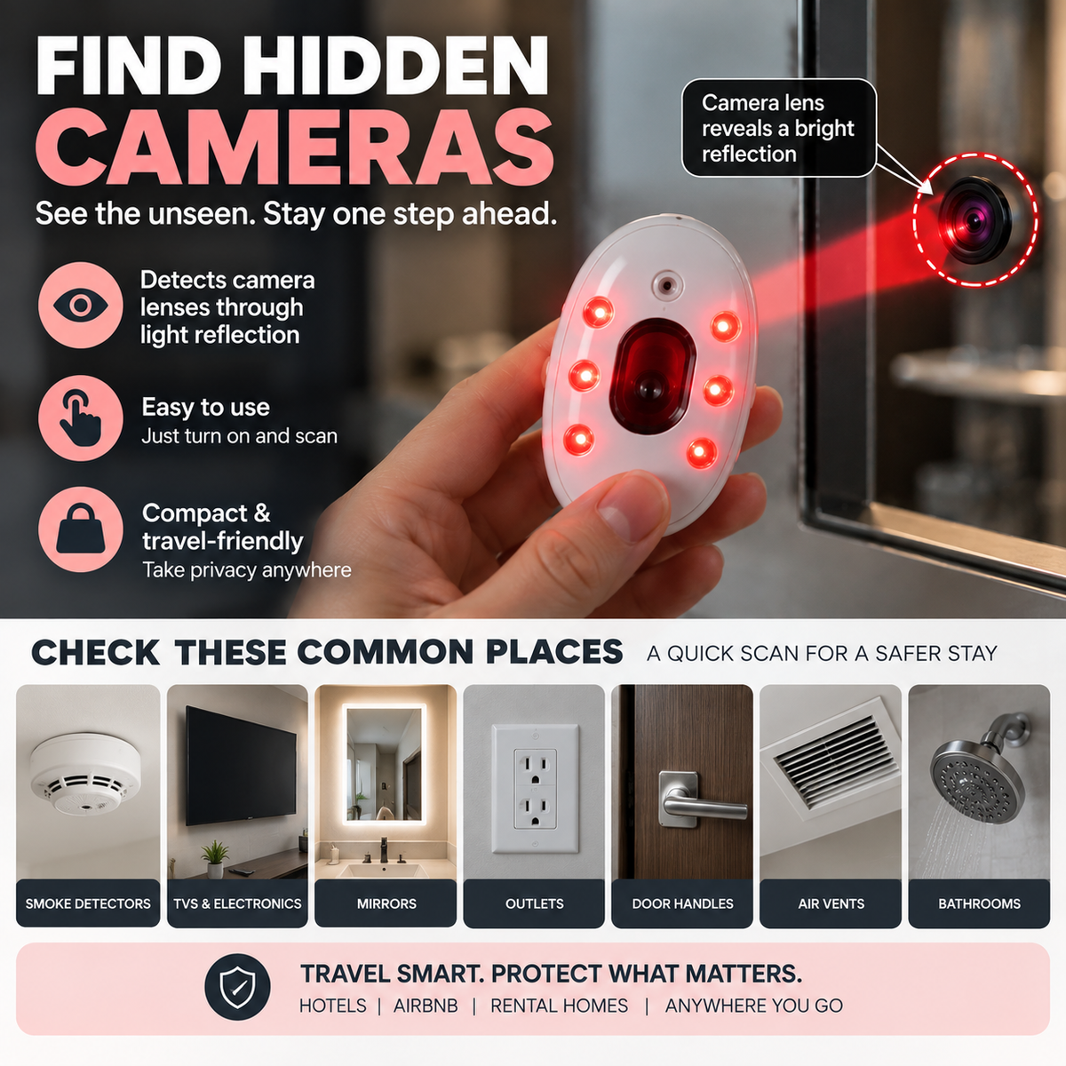 Portable Hidden Camera Detector Quick Privacy Check for Hotels, Airbnb & Travel