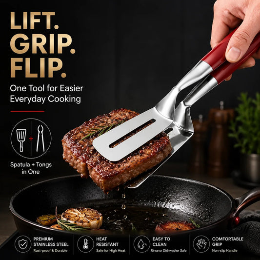 2-in-1 Spatula Tongs Grip, Flip, Drain & Serve with Ease