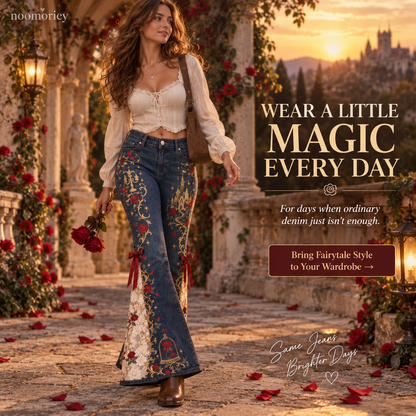 Enchanted Rose High-Waisted Lace Panel Flare Jeans