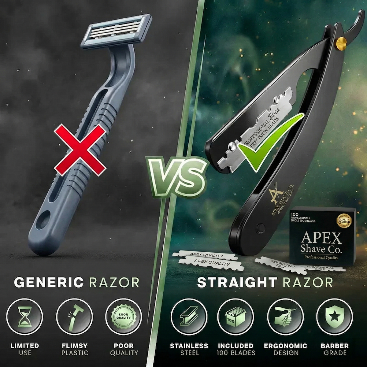 Men's Professional Straight Razor Barber Kit - 100 Blades