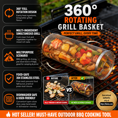 BBQ 360 Rolling Grilling Basket | Non-Stick Rotisserie Grill Basket for Meat, Vegetables & More