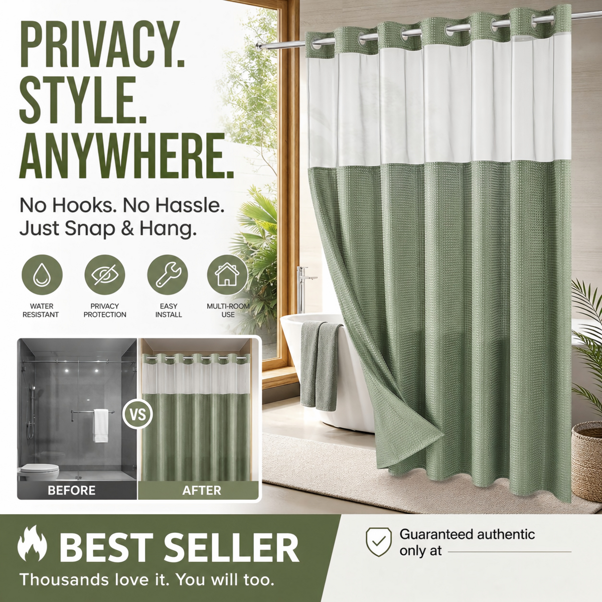Finally, a shower curtain that actually keeps water IN no hooks, no leaks, waffle texture