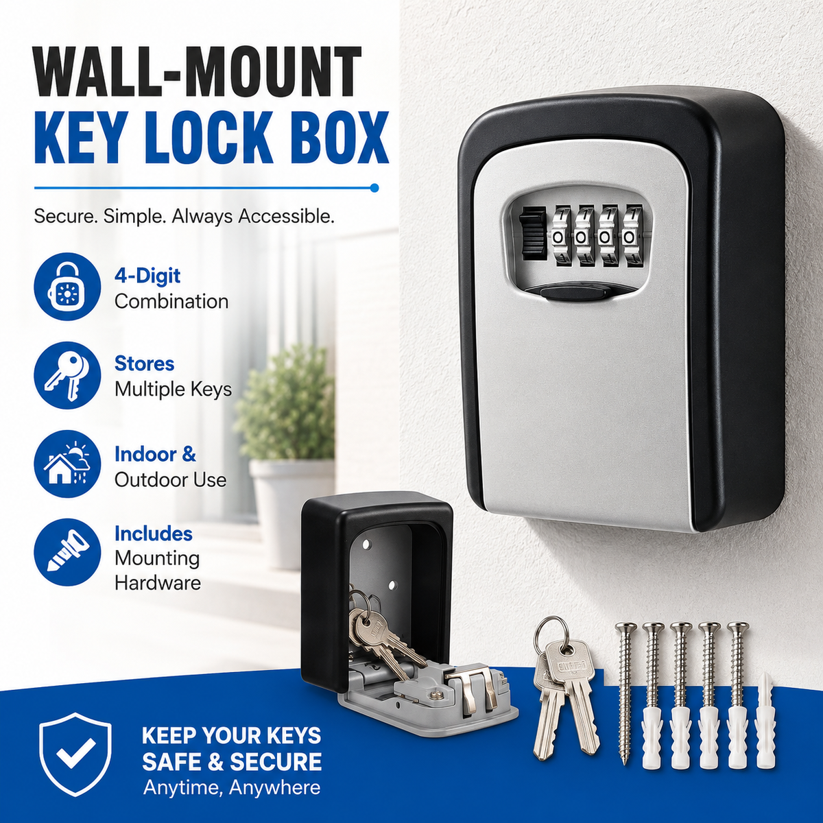 Wall Mount Resettable Combination Key Box Rust Proof, Large Storage, Heavy Duty