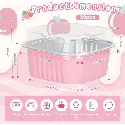 30-Pack Pink Mini Foil Cake Pans with Lids 5oz Disposable Dessert Cups