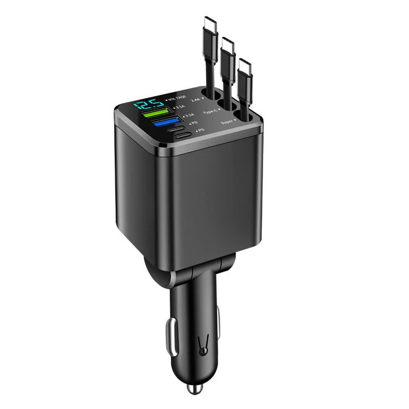7-in-1 Retractable Fast Car Charger with Voltage Display USB-C, Fast Charging & Essential for Daily Use