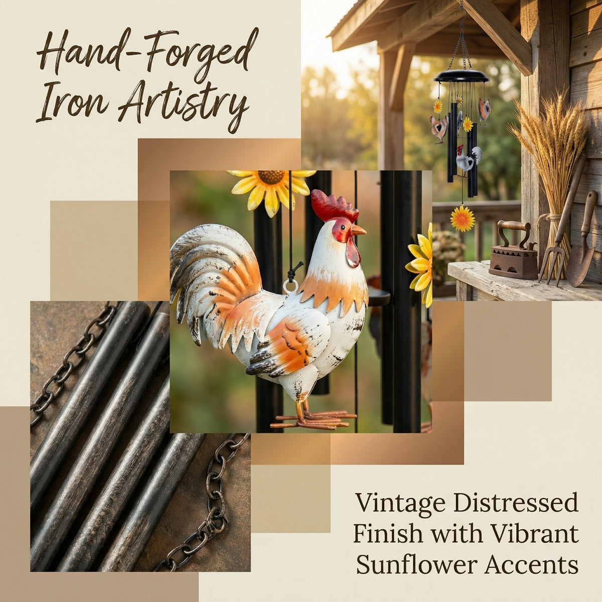 Vintage Metal Chicken Wind Chime with Sunflower