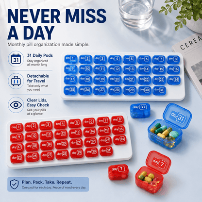 31-Day Pill Organizer Tray Monthly Medication & Vitamin Tracker for Daily Wellness