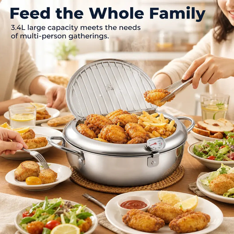 304 Grade Stainless Steel Deep Fryer Pot - Japanese Style, with Thermometer, Oil Drip Drainer Rack, Temp Control