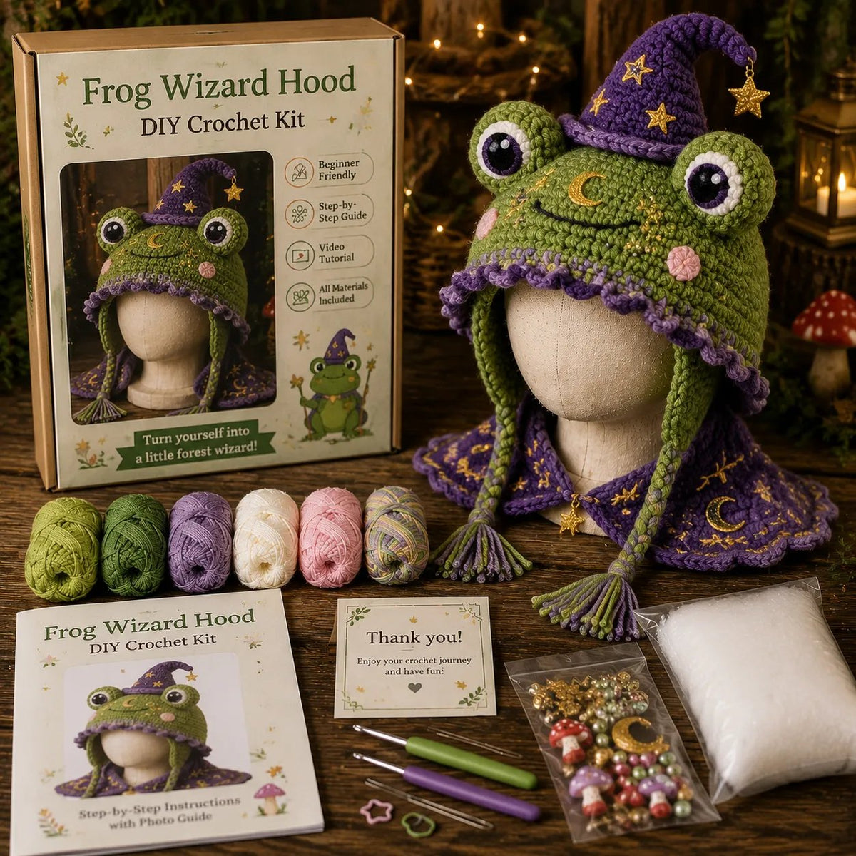 Fantasy Hood Hat DIY Crochet Kit | Premium Soft Yarn Materials with Step-by-Step Guide DIY Handmade Wearable Character