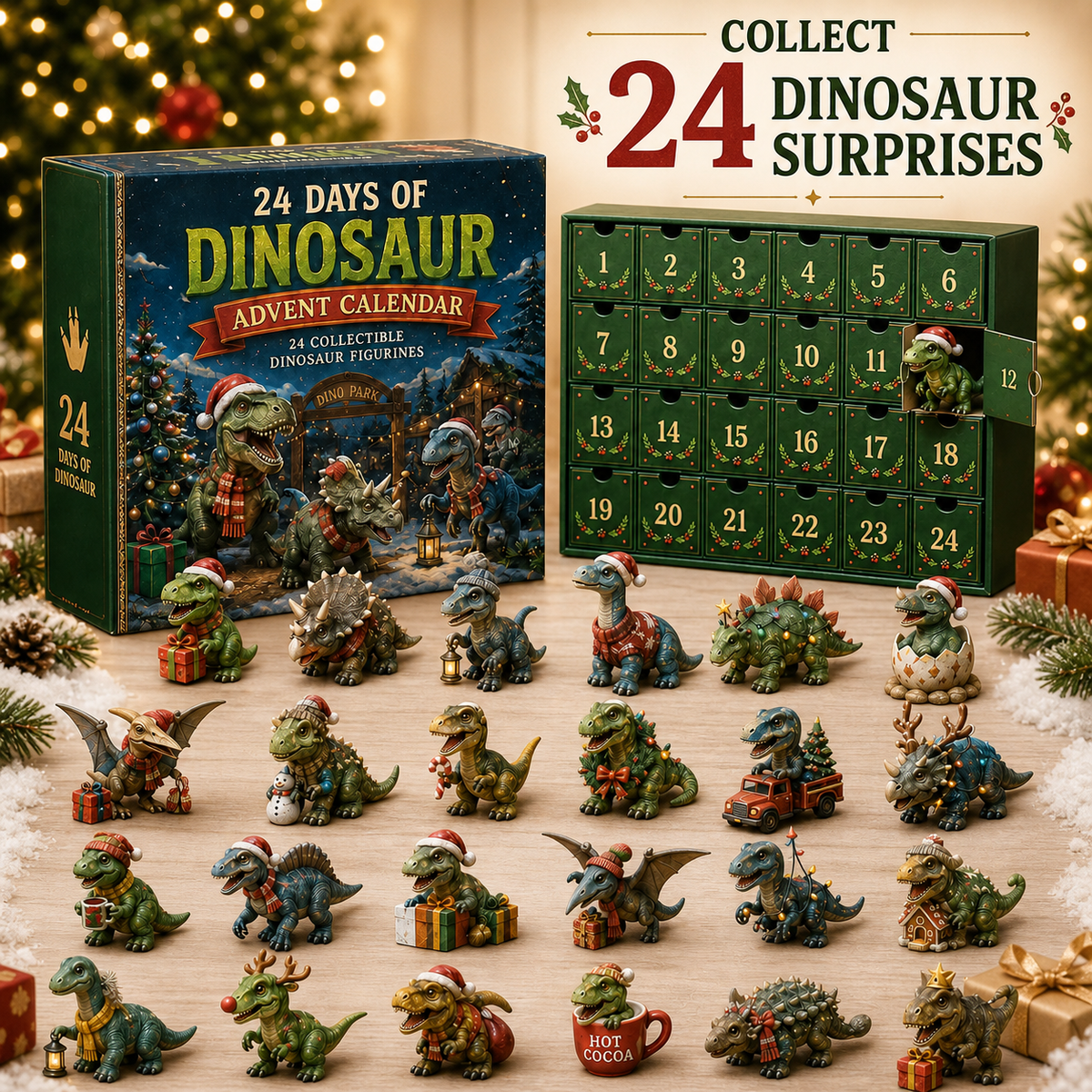 24 Days of Dinosaur Christmas Advent Calendar 24 Collectible Dino Figurines & Holiday Surprises