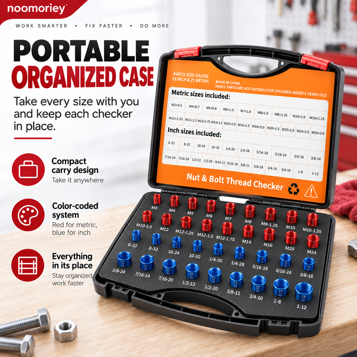 26/44-Piece Nut & Bolt Thread Checker Metric & SAE Thread Gauge Kit with Storage Case