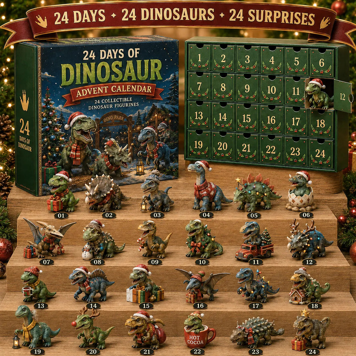24 Days of Dinosaur Christmas Advent Calendar 24 Collectible Dino Figurines & Holiday Surprises