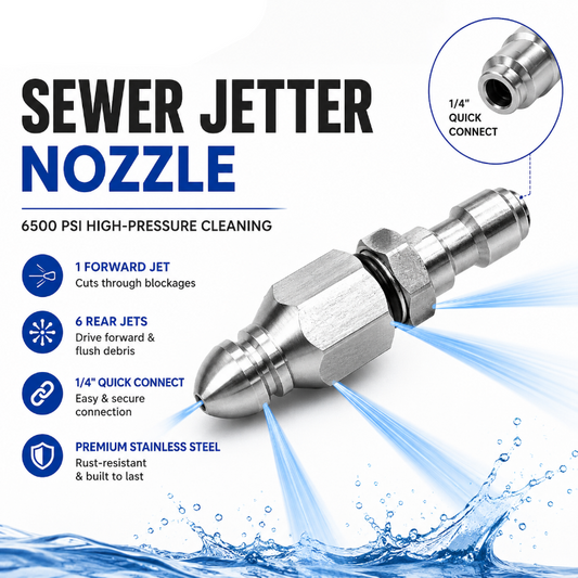 6500 PSI Stainless Steel Sewer Jetter Nozzle 1/4" Quick Connect Drain Cleaning Attachment for Pressure Washers