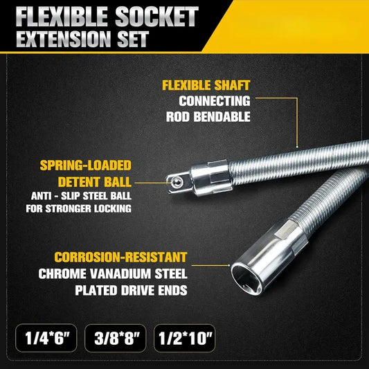 1/2 Inch 35cm Multifunctional Socket Wrench Set - 3 Bendable Shafts, Wrench Extender, Connecting Rod