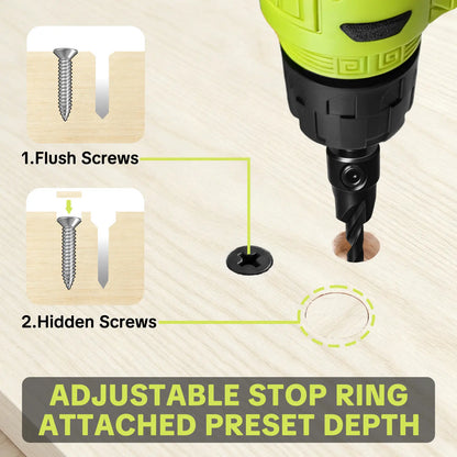 15-Piece Countersink Drill Bit Set 1/4' Hex Shank, Depth Stop & Quick-Change Design