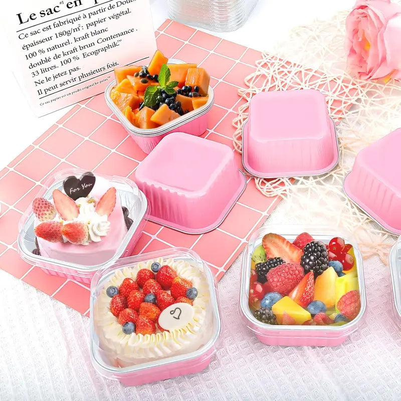 30-Pack Pink Mini Foil Cake Pans with Lids 5oz Disposable Dessert Cups