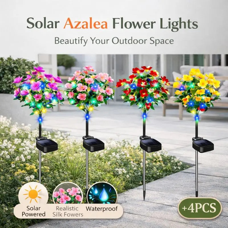 Solar Azalea Flower Lights 4 Pack | IP65 Waterproof Realistic Multi-Color Stakes for Garden & Cemetery Memorial Decor