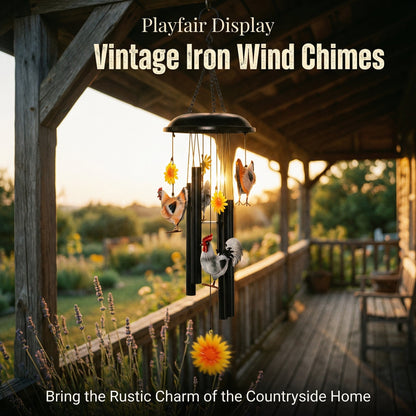 Vintage Metal Chicken Wind Chime with Sunflower