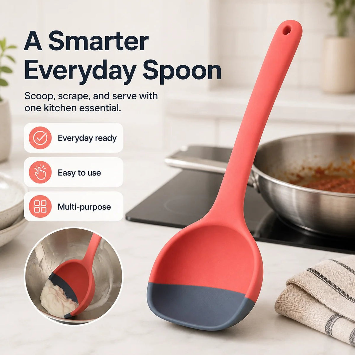 2-in-1 Silicone Scoop & Scraper Spoon Multi-Purpose Cooking & Serving Utensil