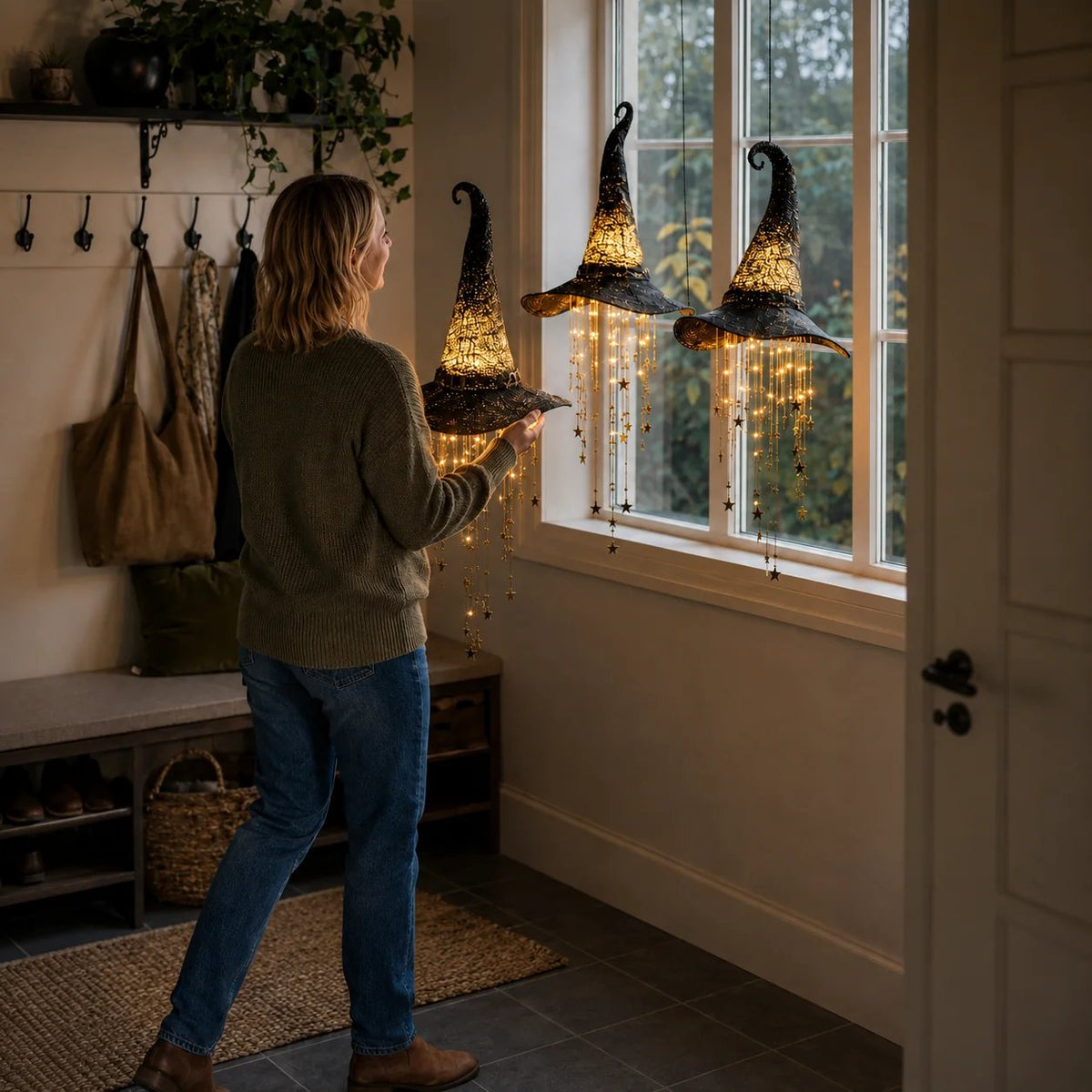 Lighted Witch Hat Hanging Chime Battery-Powered Halloween D cor with Remote Control