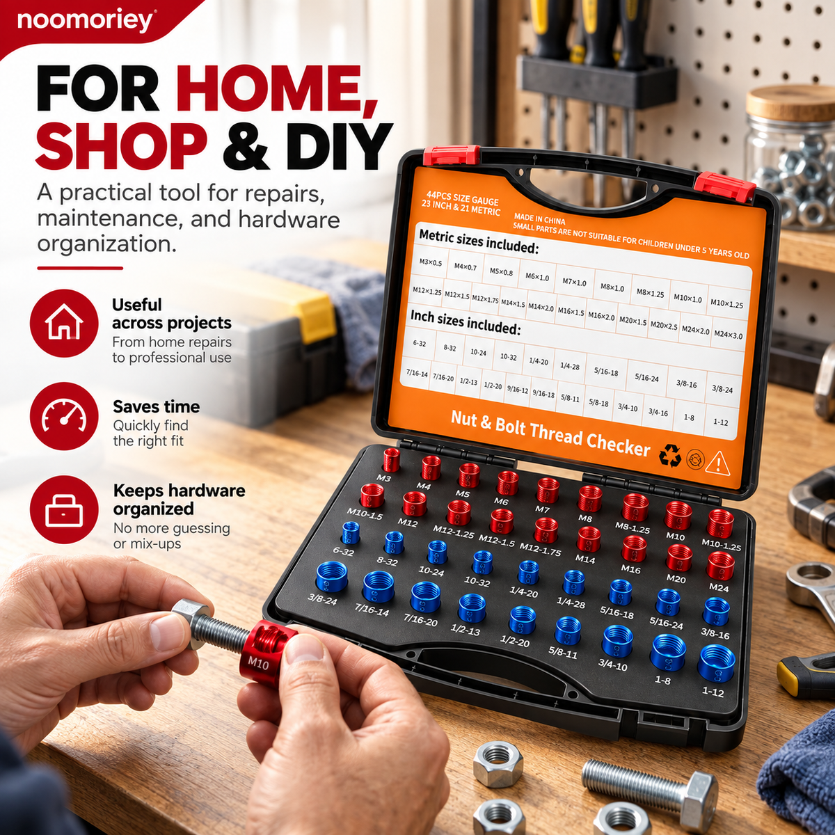 26/44-Piece Nut & Bolt Thread Checker Metric & SAE Thread Gauge Kit with Storage Case