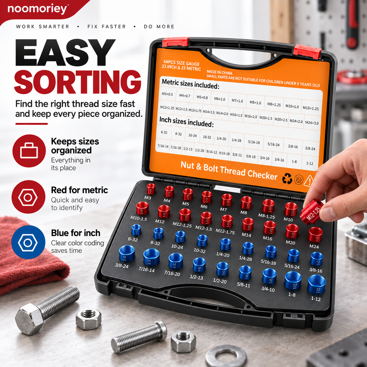 26/44-Piece Nut & Bolt Thread Checker Metric & SAE Thread Gauge Kit with Storage Case