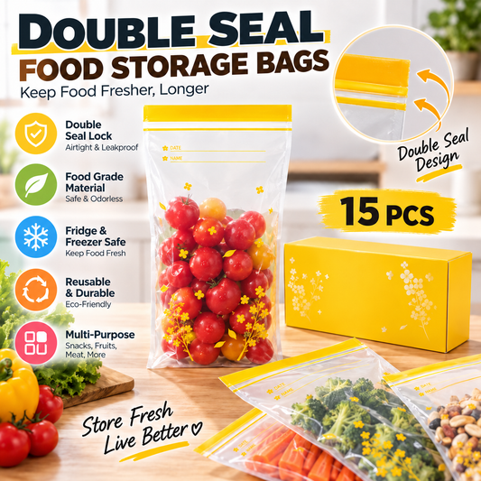 15-Pack Double-Seal Food Storage Bags Clear Reusable Pouches for Fridge Organization & Meal Prep
