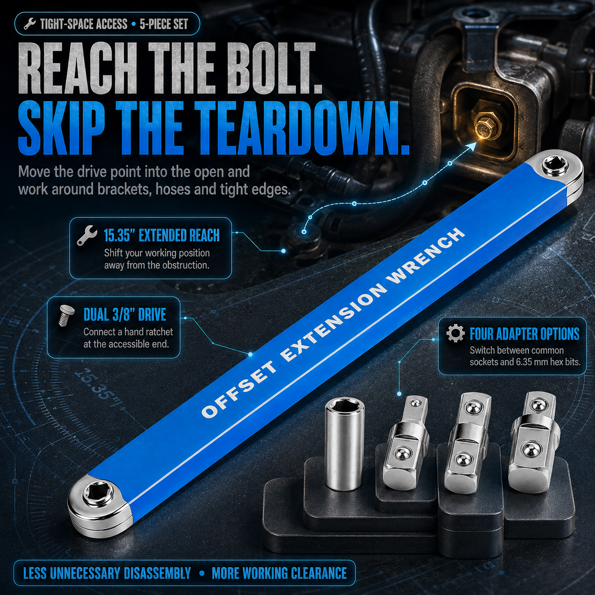 3/8' Offset Extension Wrench Set Reach Tight Bolts Without Removing Parts