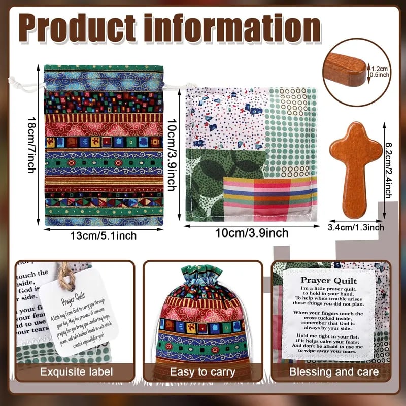 Pocket Prayer Quilt Set | Mini Handmade Prayer Blankets with Cross & Drawstring Bag Christian Gifts