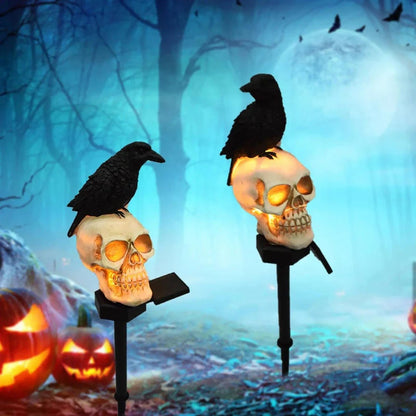 Animated Raven Skull Solar Garden Stake | Halloween Outdoor Yard Decor