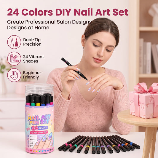 2026 24 Colors Dual Ended Nail Art Pens DIY Manicure Drawing Set
