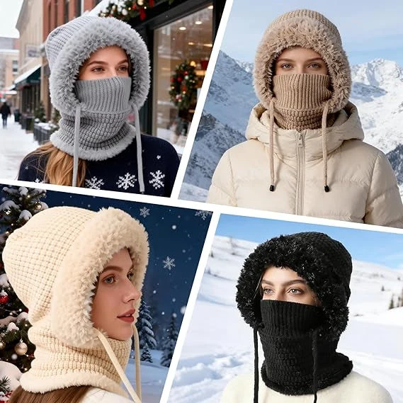 Ready for Winter! Women 3-in-1 Knitted Balaclava Hat, Fleece Lined Warm Hood Beanie with Scarf & Face Mask