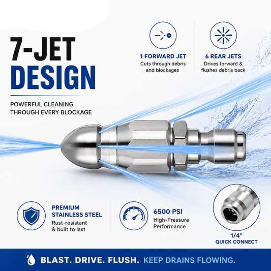 6500 PSI Stainless Steel Sewer Jetter Nozzle 1/4" Quick Connect Drain Cleaning Attachment for Pressure Washers