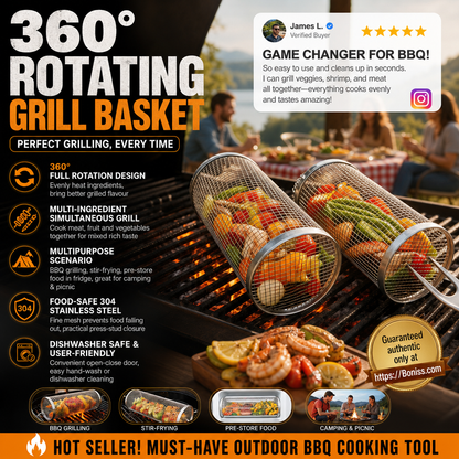 BBQ 360 Rolling Grilling Basket | Non-Stick Rotisserie Grill Basket for Meat, Vegetables & More